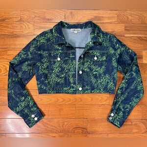 I.AM.GIA Cropped Denim Jacket Green Animal Print Stripes Women’s XS Y2K Streetwe